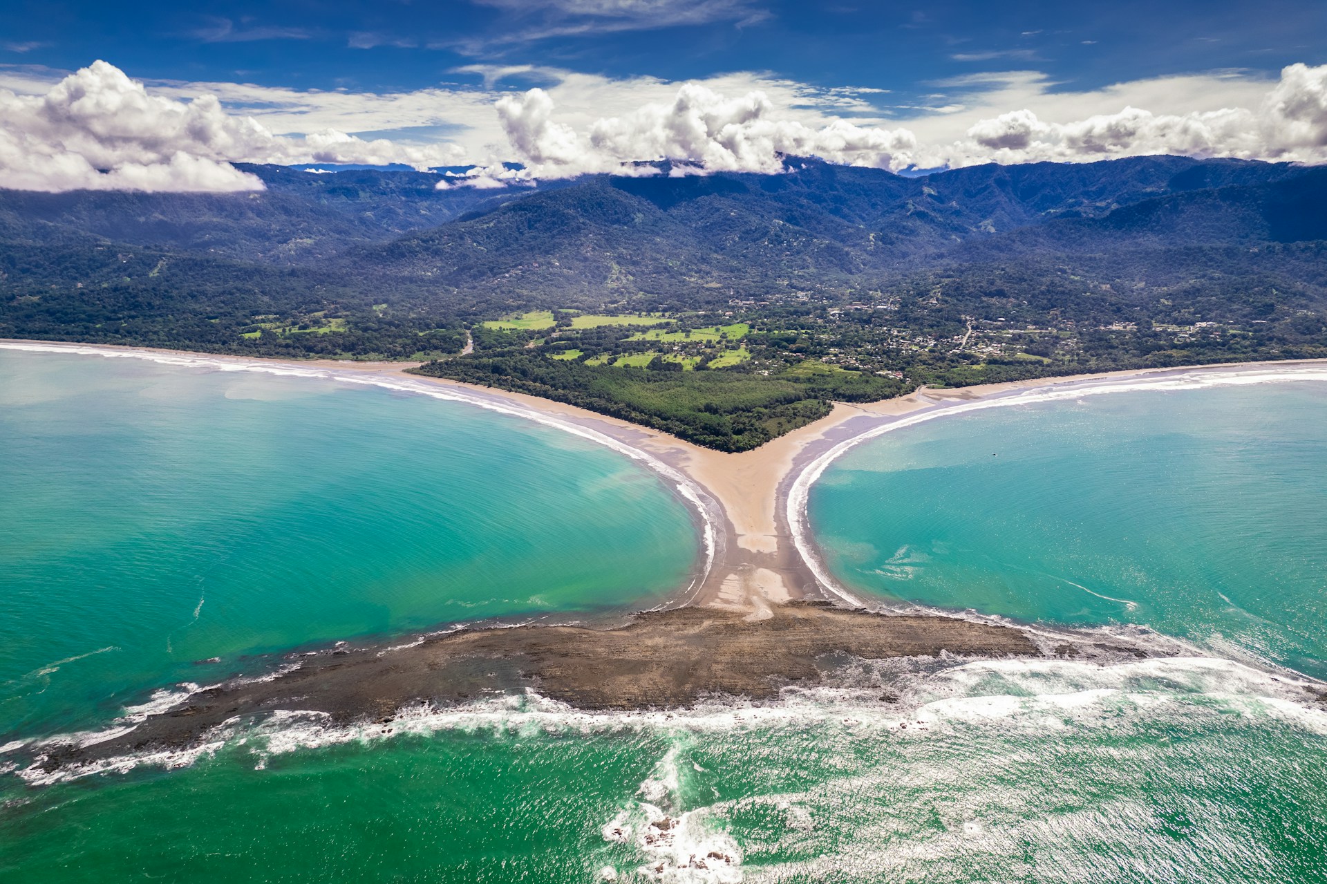 Aerial view of the Whale's Tail tombolo at Marino Ballena National Park in Uvita, Costa Rica
