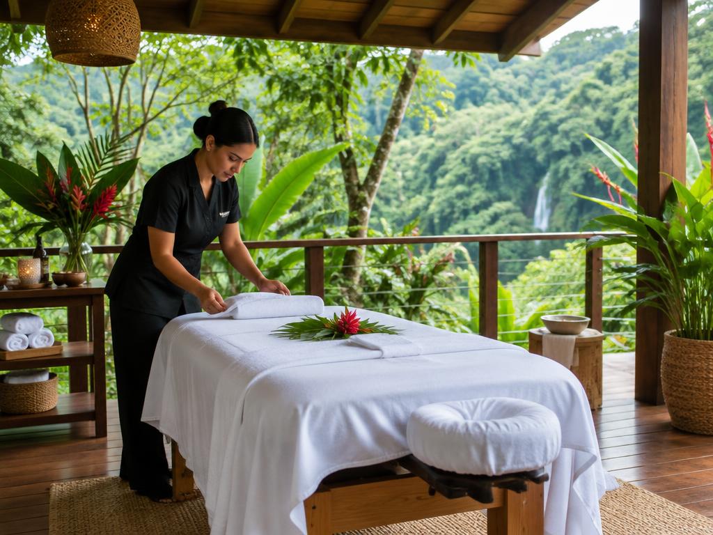 Massage treatment prepared on a peaceful rainforest terrace in Costa Rica