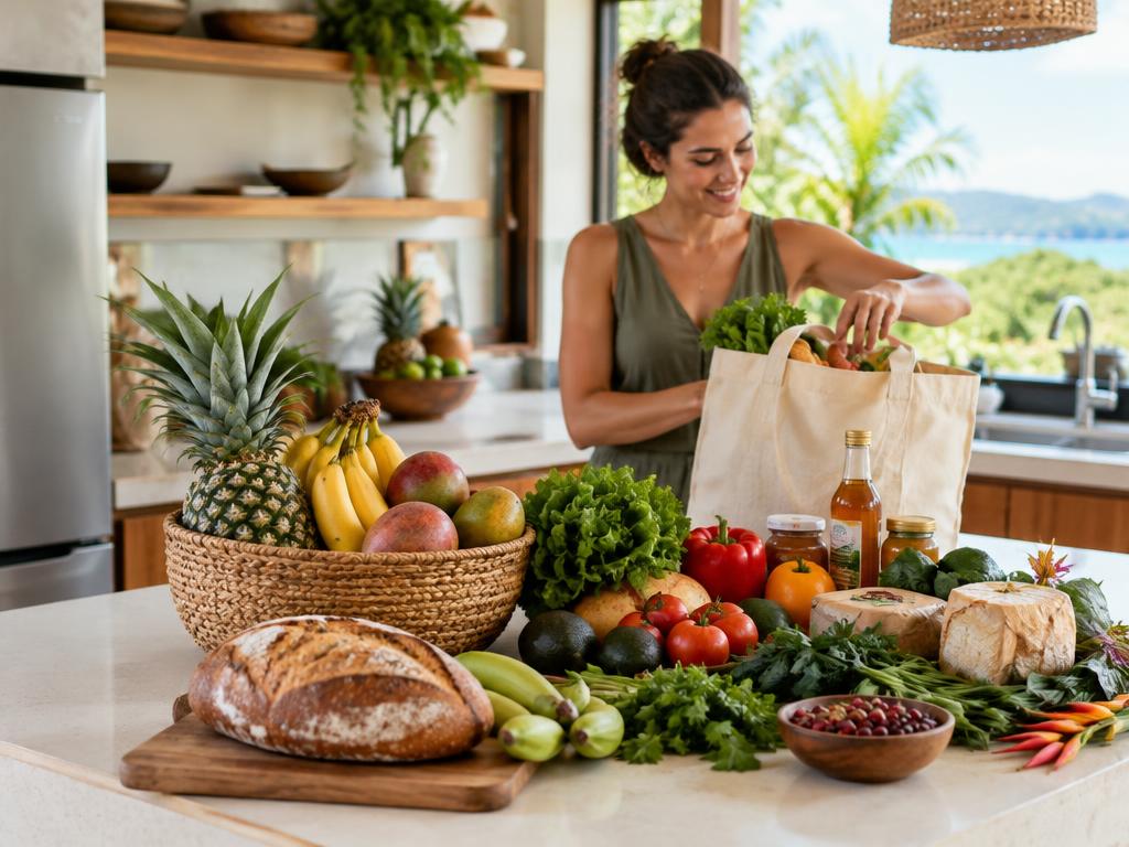 Fresh groceries and local produce arranged in a Costa Rica villa kitchen